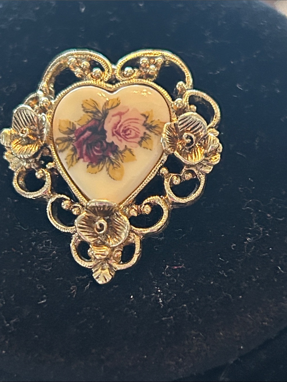 Gold Heart Floral Porcelain Brooch - Rose Accent